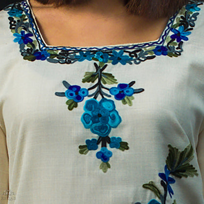 Catskill White Ruby Cotton Kurti with Blue Aari Embroidery