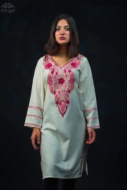 Catskill White Ruby Cotton Kurti with Red Aari Embroidery