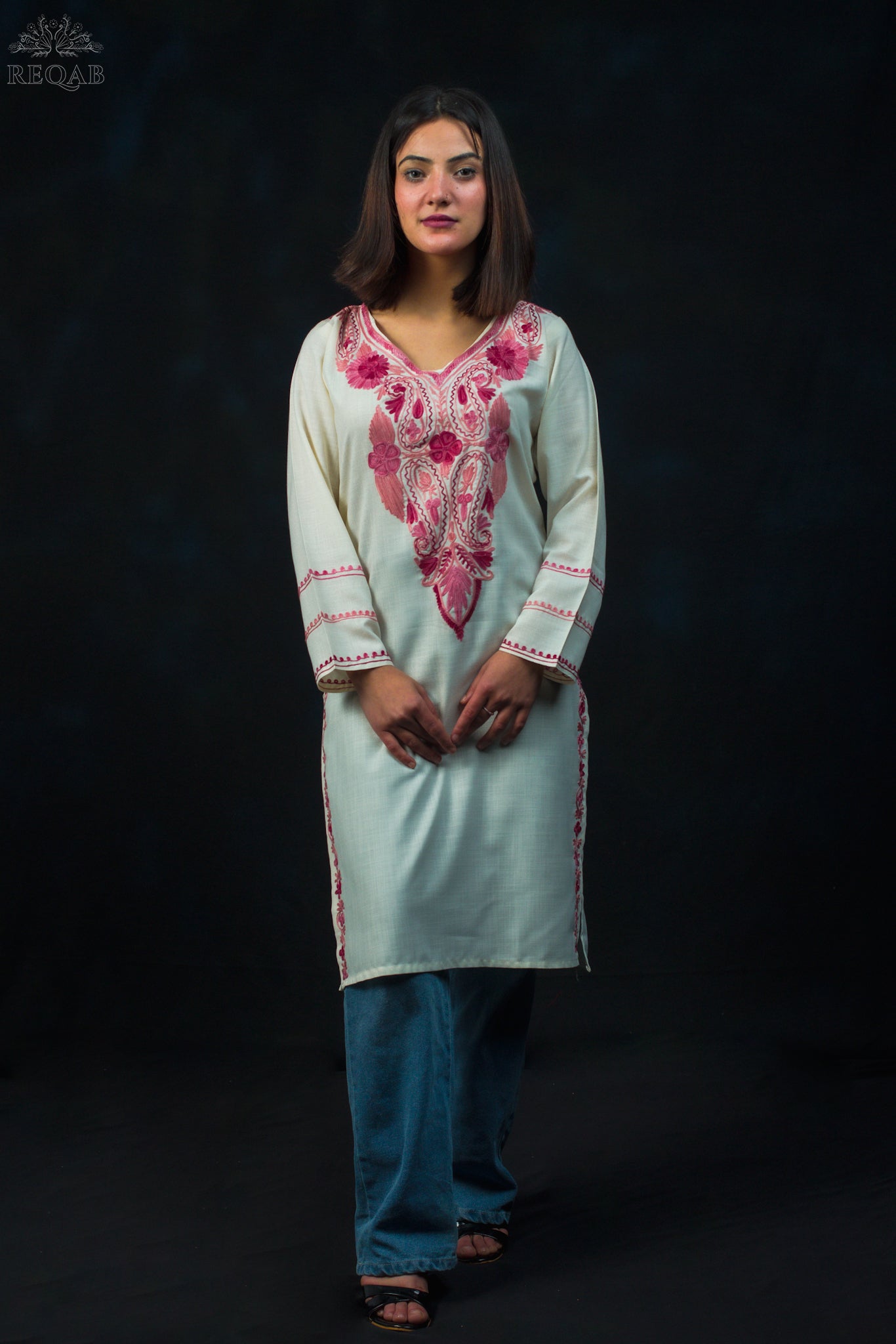 Catskill White Ruby Cotton Kurti with Red Aari Embroidery