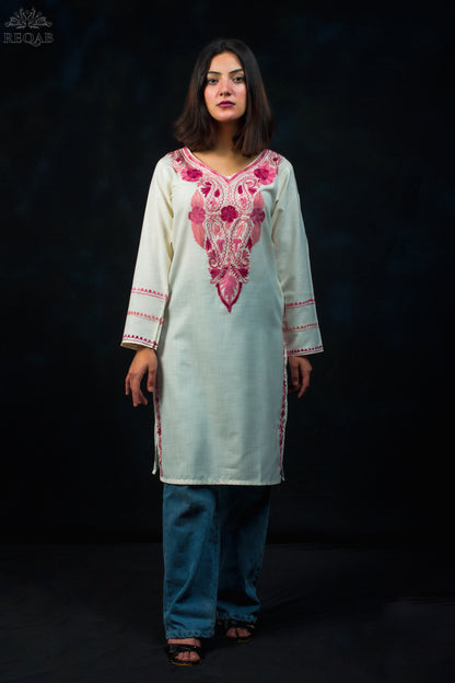 Catskill White Ruby Cotton Kurti with Red Aari Embroidery