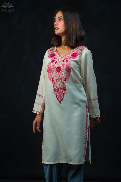 Catskill White Ruby Cotton Kurti with Red Aari Embroidery