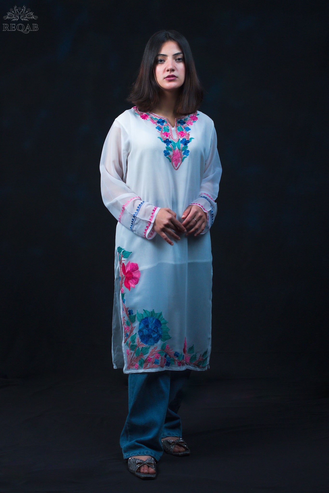 Tiara White Georgette Kurti with Pink-Blue Aari Embroidery