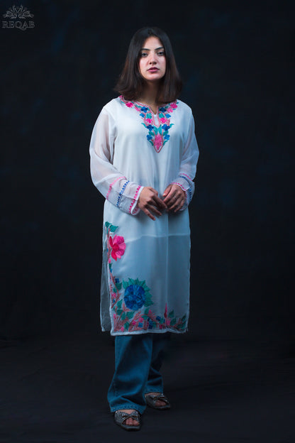 Tiara White Georgette Kurti with Pink-Blue Aari Embroidery