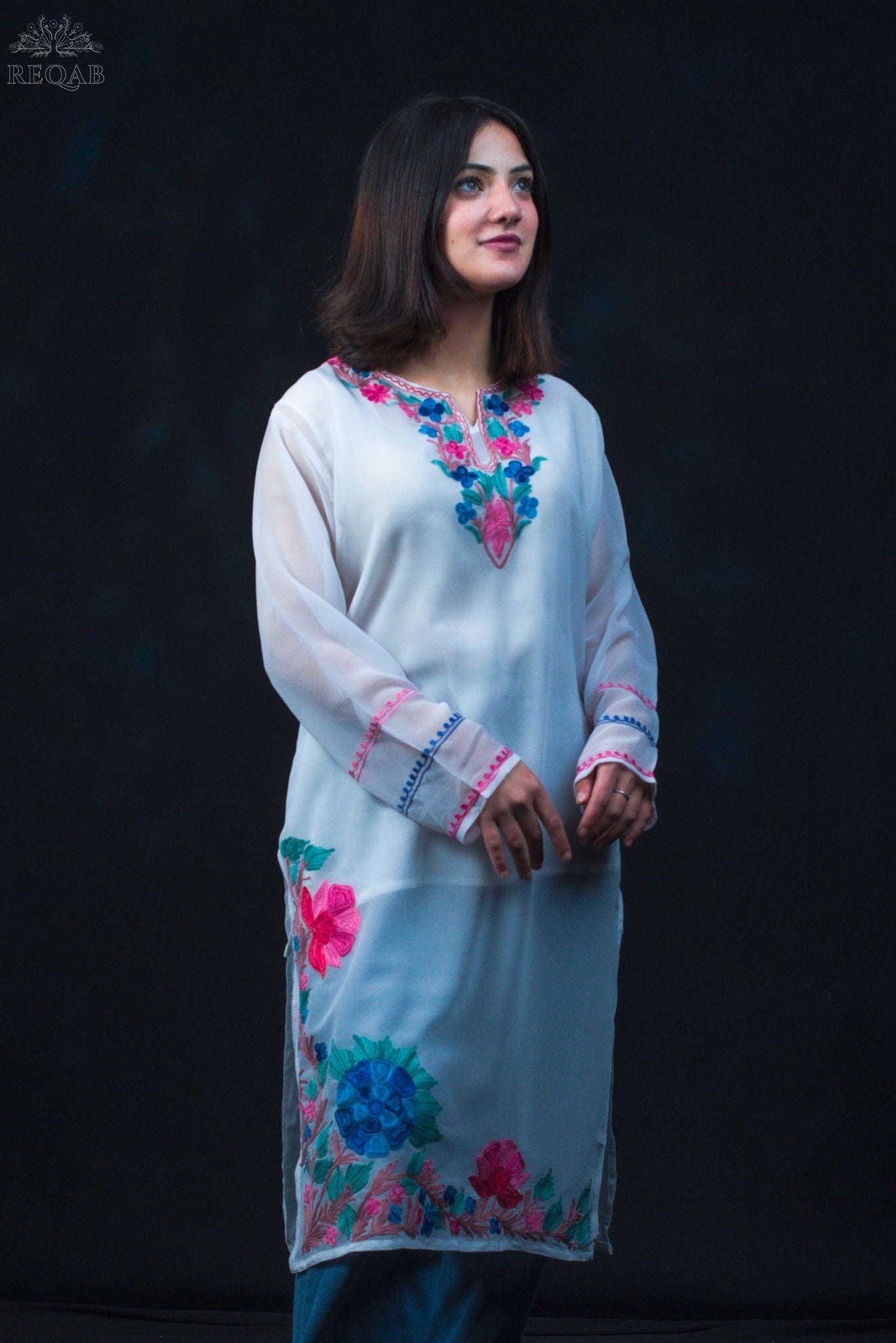 Tiara White Georgette Kurti with Pink-Blue Aari Embroidery