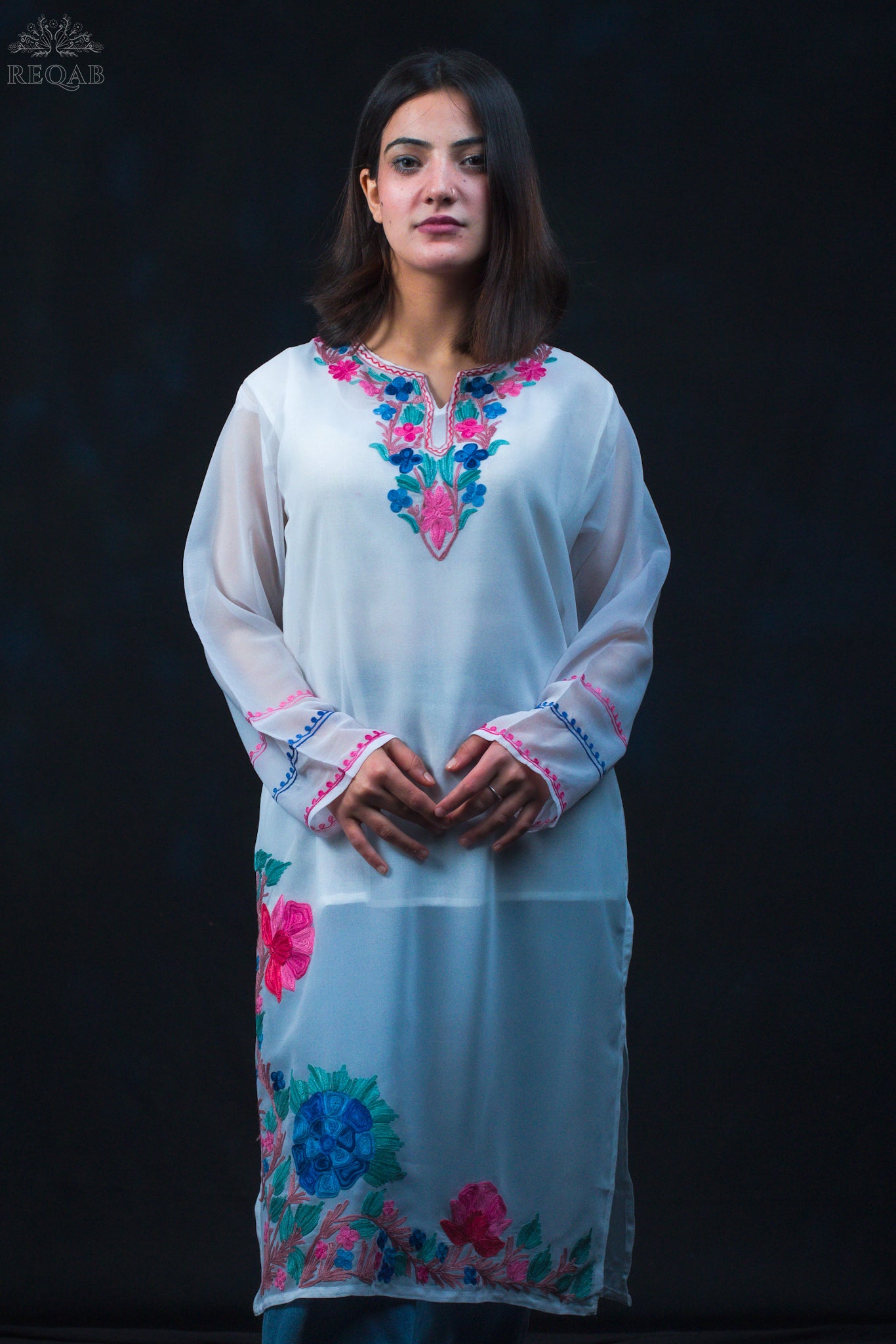 Tiara White Georgette Kurti with Pink-Blue Aari Embroidery