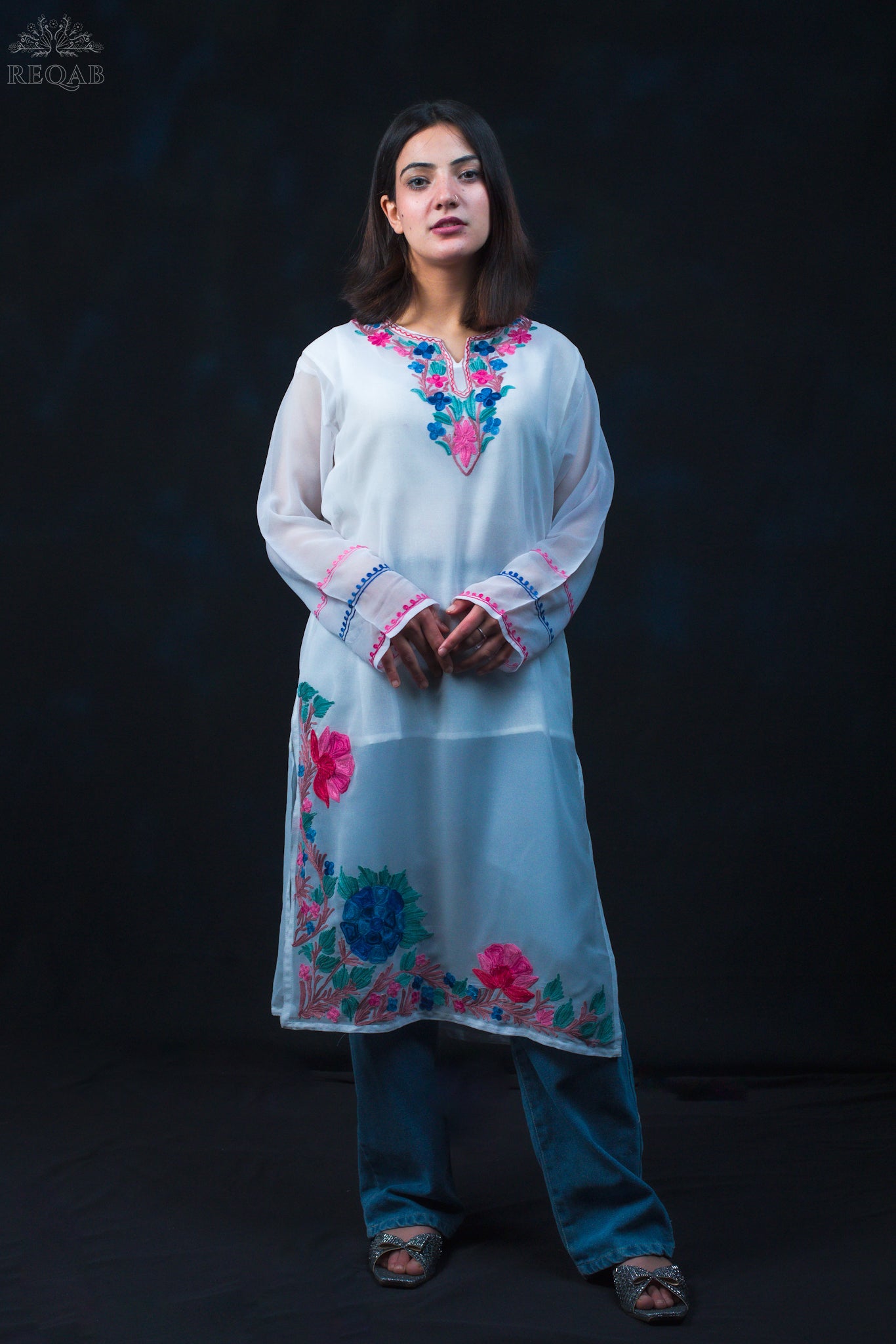 Tiara White Georgette Kurti with Pink-Blue Aari Embroidery