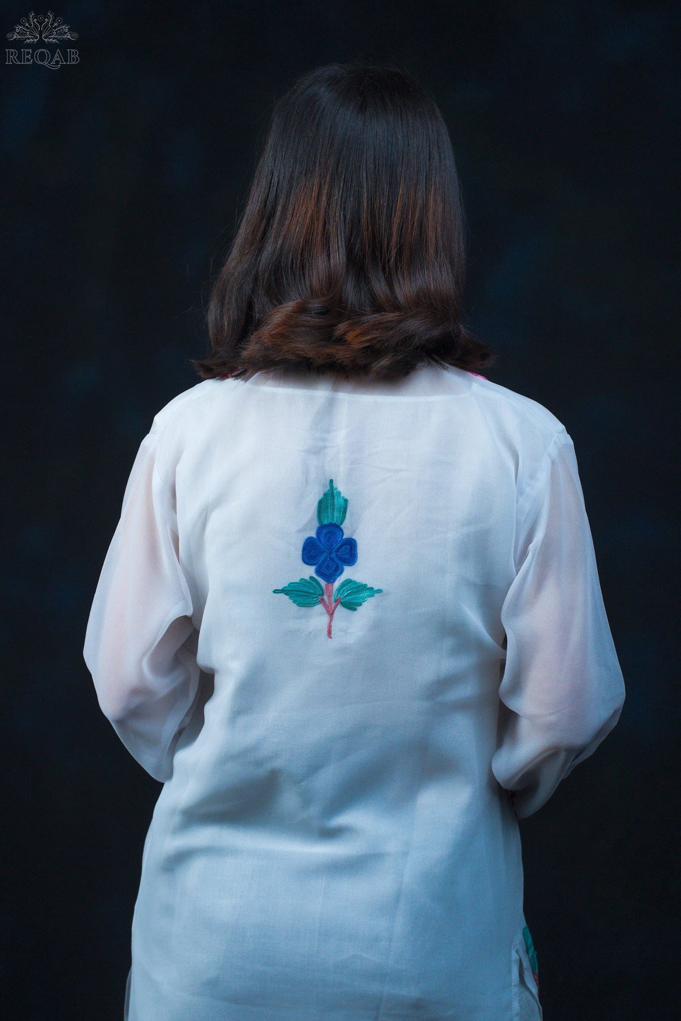 Tiara White Georgette Kurti with Pink-Blue Aari Embroidery