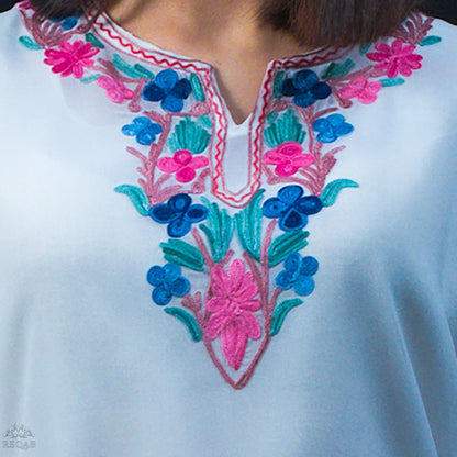 Tiara White Georgette Kurti with Pink-Blue Aari Embroidery