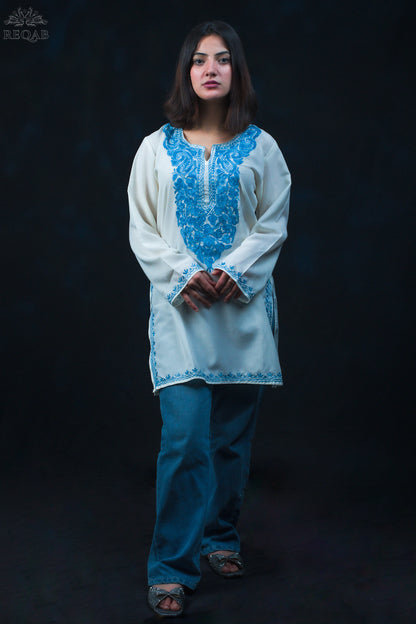 White Pointer Summer Cool Top with Blue Aari Embroidery