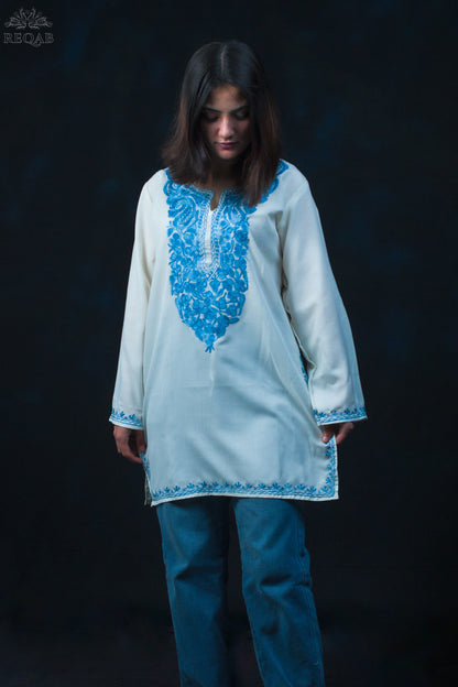 White Pointer Summer Cool Top with Blue Aari Embroidery