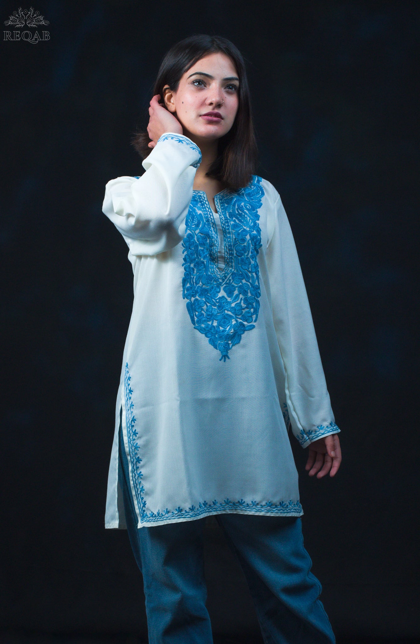 White Pointer Summer Cool Top with Blue Aari Embroidery