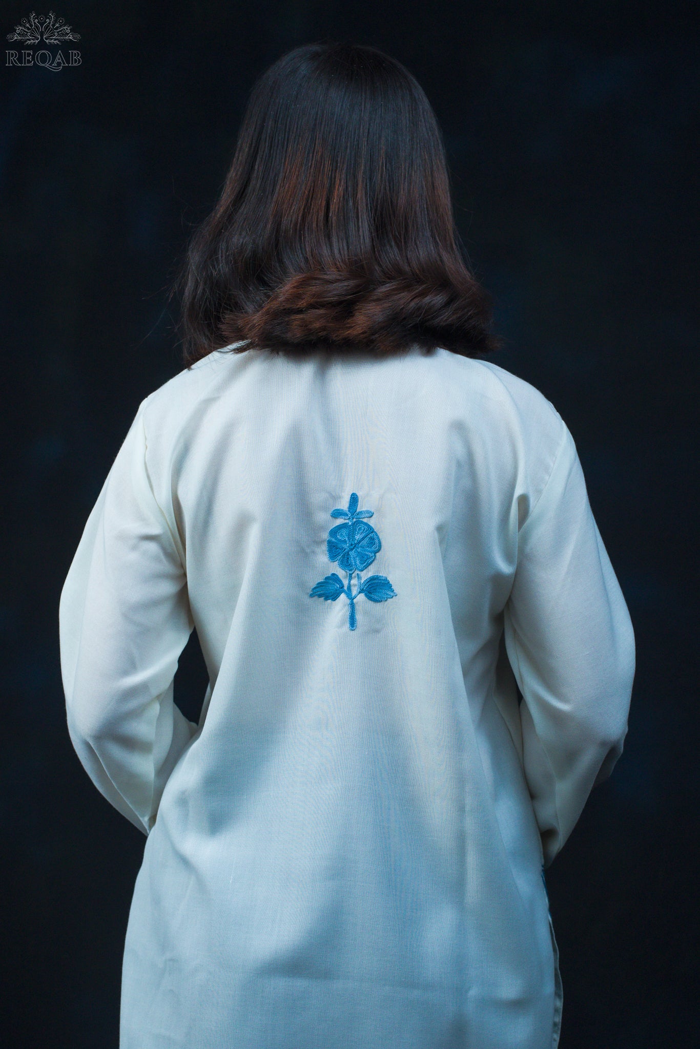 White Pointer Summer Cool Top with Blue Aari Embroidery