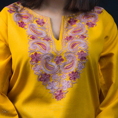 Dark Tangerine Ruby Cotton Kurti with Aari Embroidery