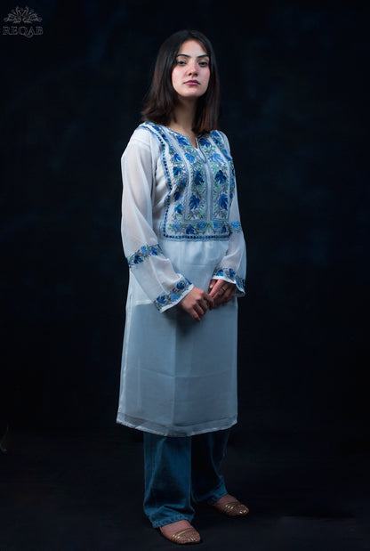 Pumice White Georgette Kurti with Blue Aari Embroidery
