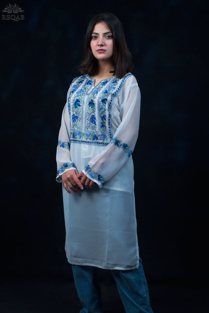 Pumice White Georgette Kurti with Blue Aari Embroidery