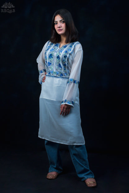 Pumice White Georgette Kurti with Blue Aari Embroidery