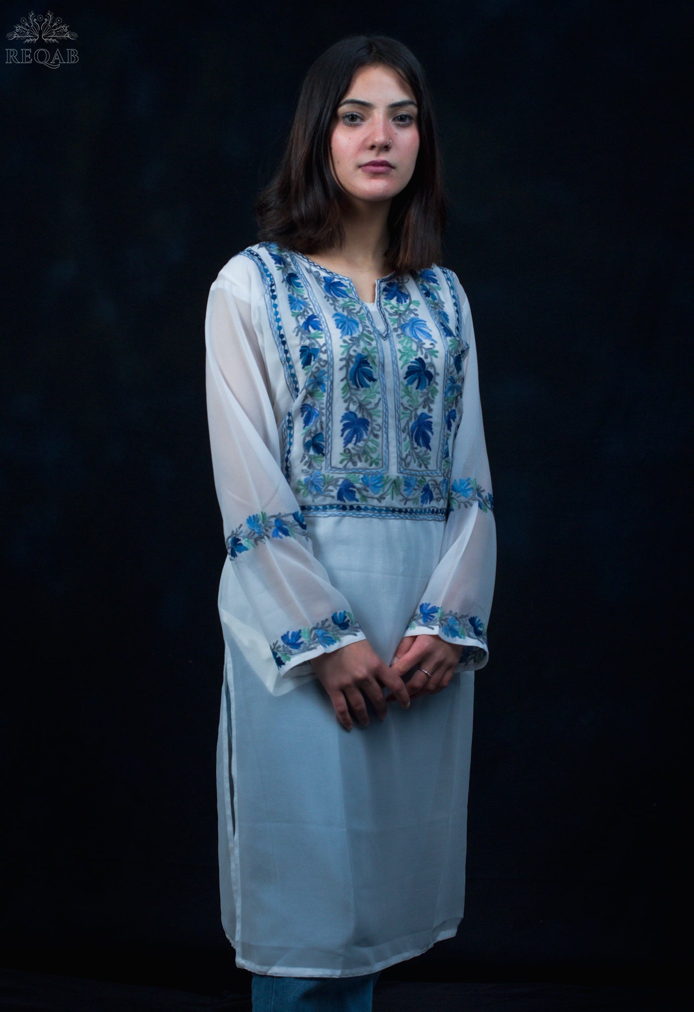 Pumice White Georgette Kurti with Blue Aari Embroidery