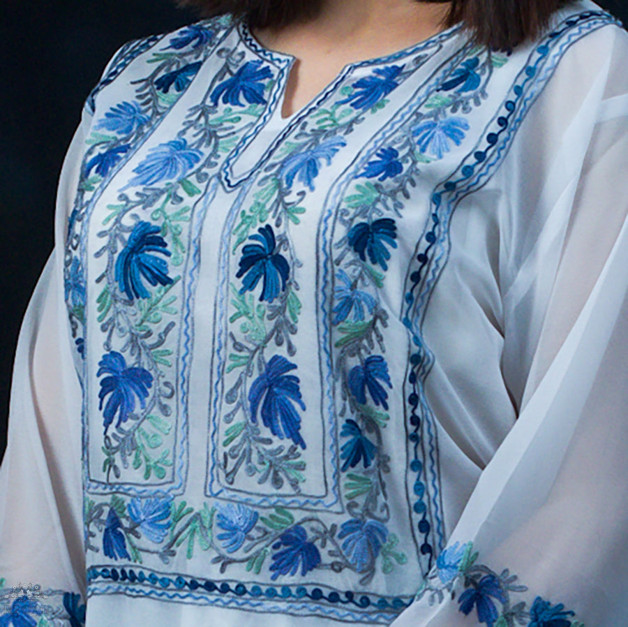 Pumice White Georgette Kurti with Blue Aari Embroidery