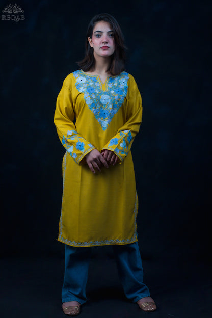 Brass Ruby Cotton Kurti with Silver Aari Embroidery