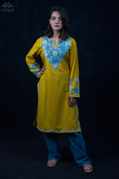 Brass Ruby Cotton Kurti with Silver Aari Embroidery