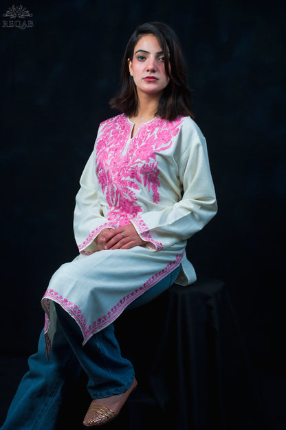 Tiara White Ruby Cotton Kurti with Pink Aari Embroidery