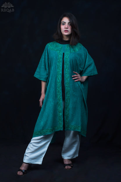 Elf Green Medium Open Kaftan with Aari Embroidery