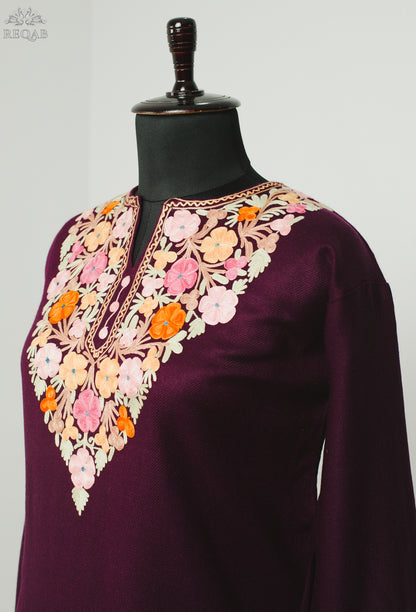 Bulgarian Rose Cashmilon Kurti with Aari Embroidery