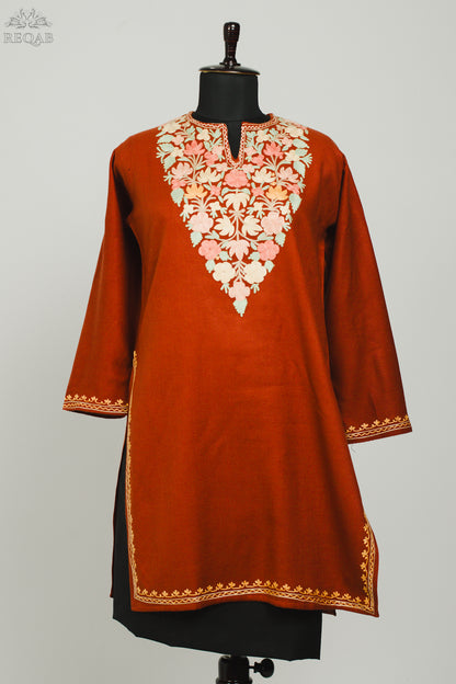 Medium Carmine Cashmilon Kurti with Aari Embroidery