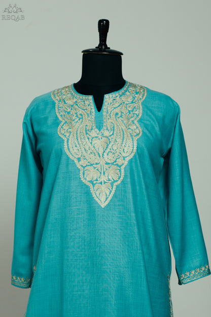 Boston Blue Ruby Cotton Kurti with Zari Embroidery