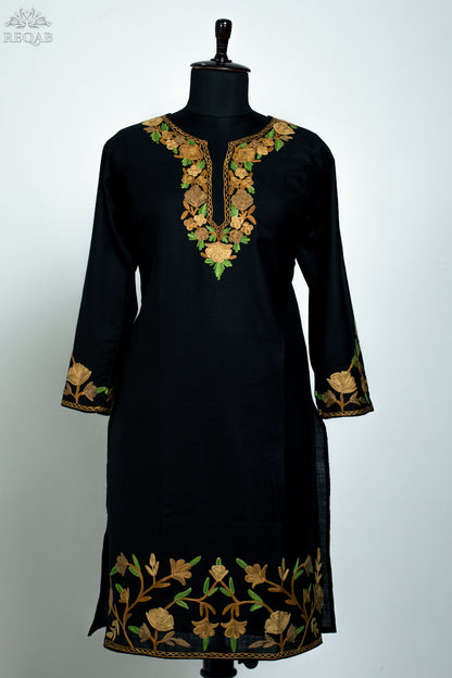 Midnight Moss Ruby Cotton Kurti with Aari Embroidery