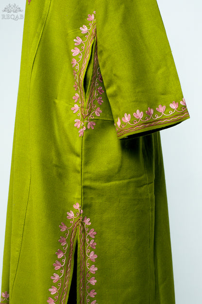 Citron Green Pheran with Almond Shaped Aari Embroidery