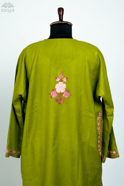Citron Green Pheran with Almond Shaped Aari Embroidery