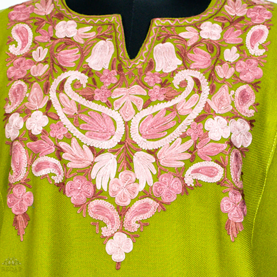 Citron Green Pheran with Almond Shaped Aari Embroidery