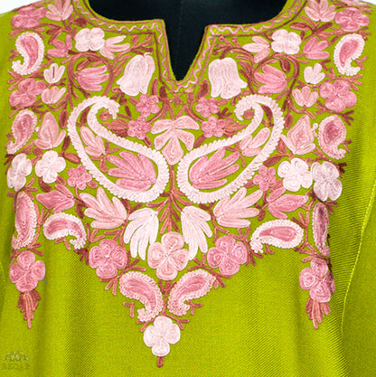 Citron Green Pheran with Almond Shaped Aari Embroidery