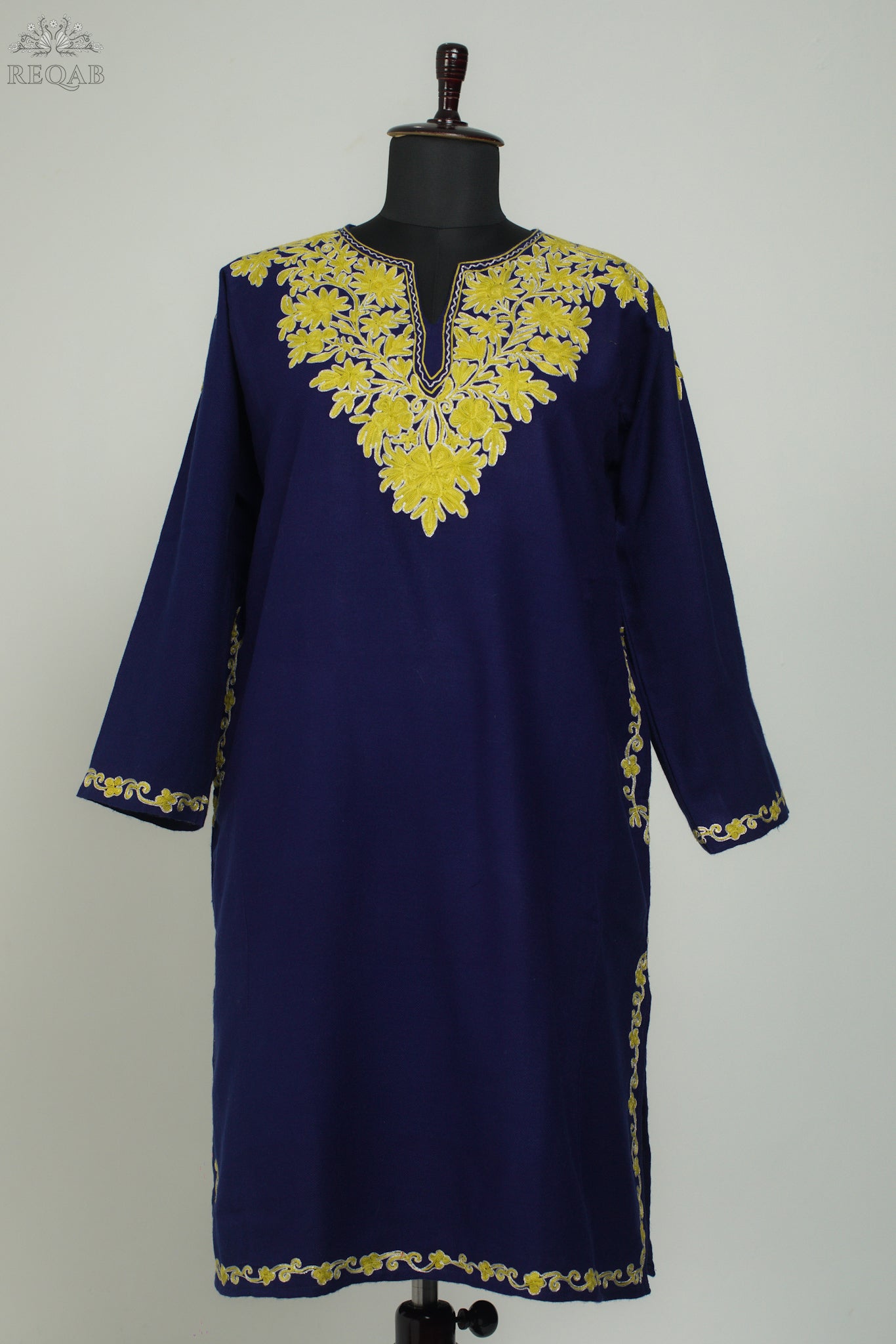 Midnight Express Blue Pheran with Aari Embroidery on Zari Border