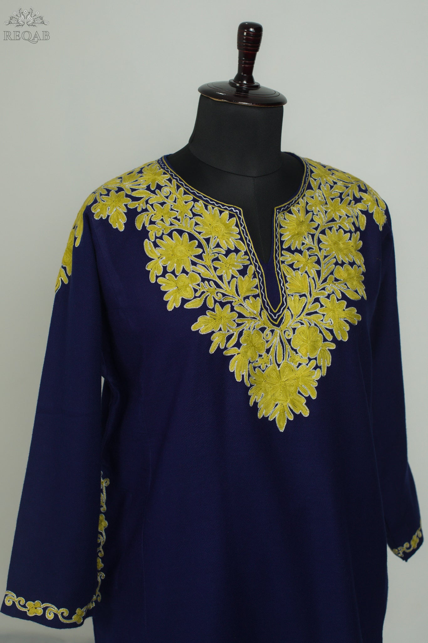 Midnight Express Blue Pheran with Aari Embroidery on Zari Border