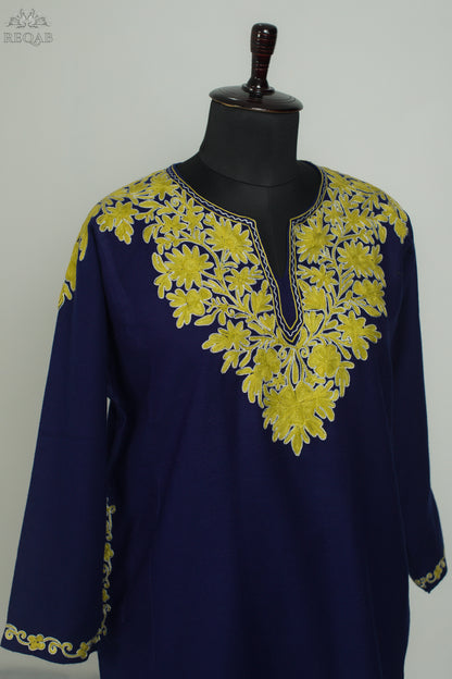 Midnight Express Blue Pheran with Aari Embroidery on Zari Border