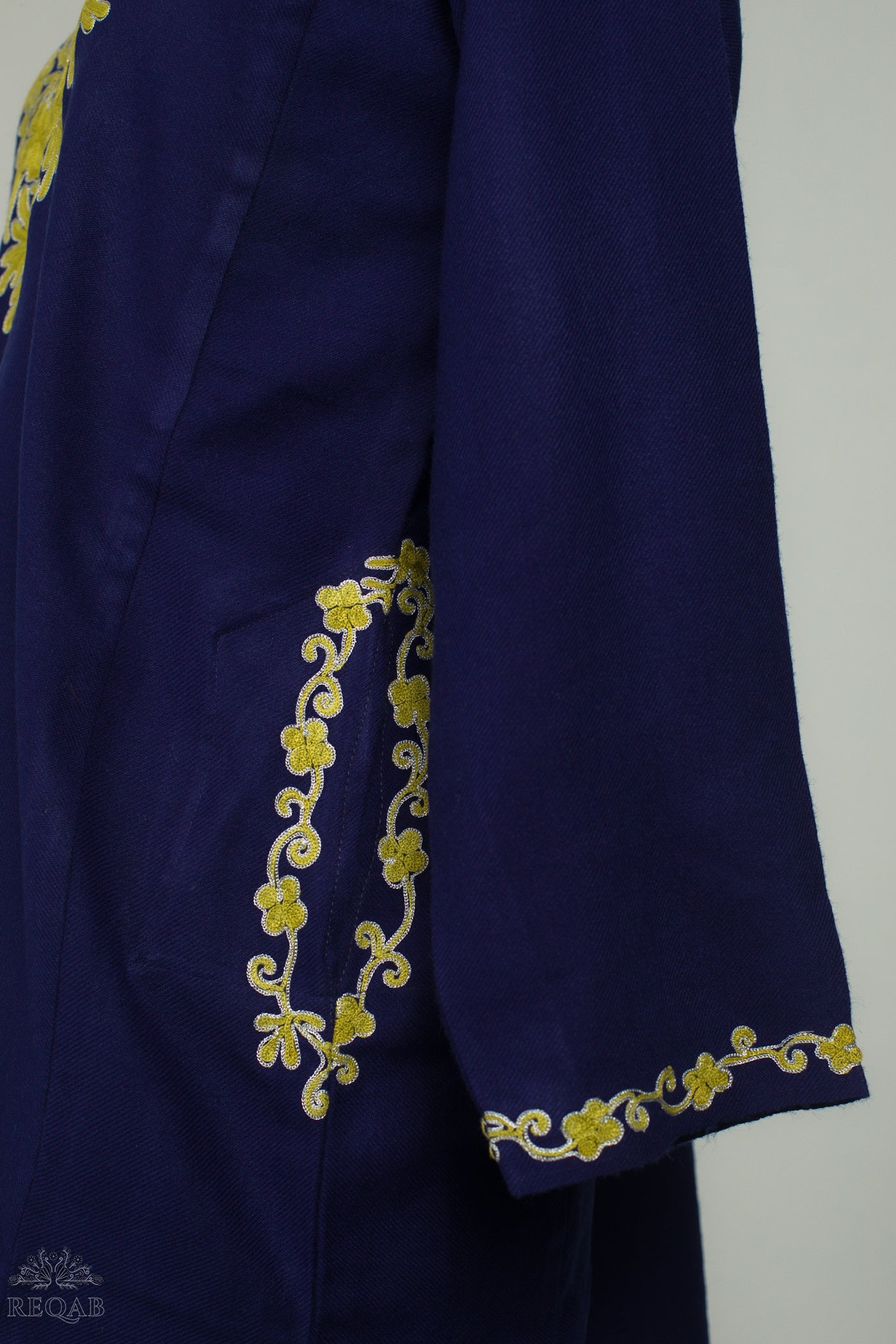 Midnight Express Blue Pheran with Aari Embroidery on Zari Border