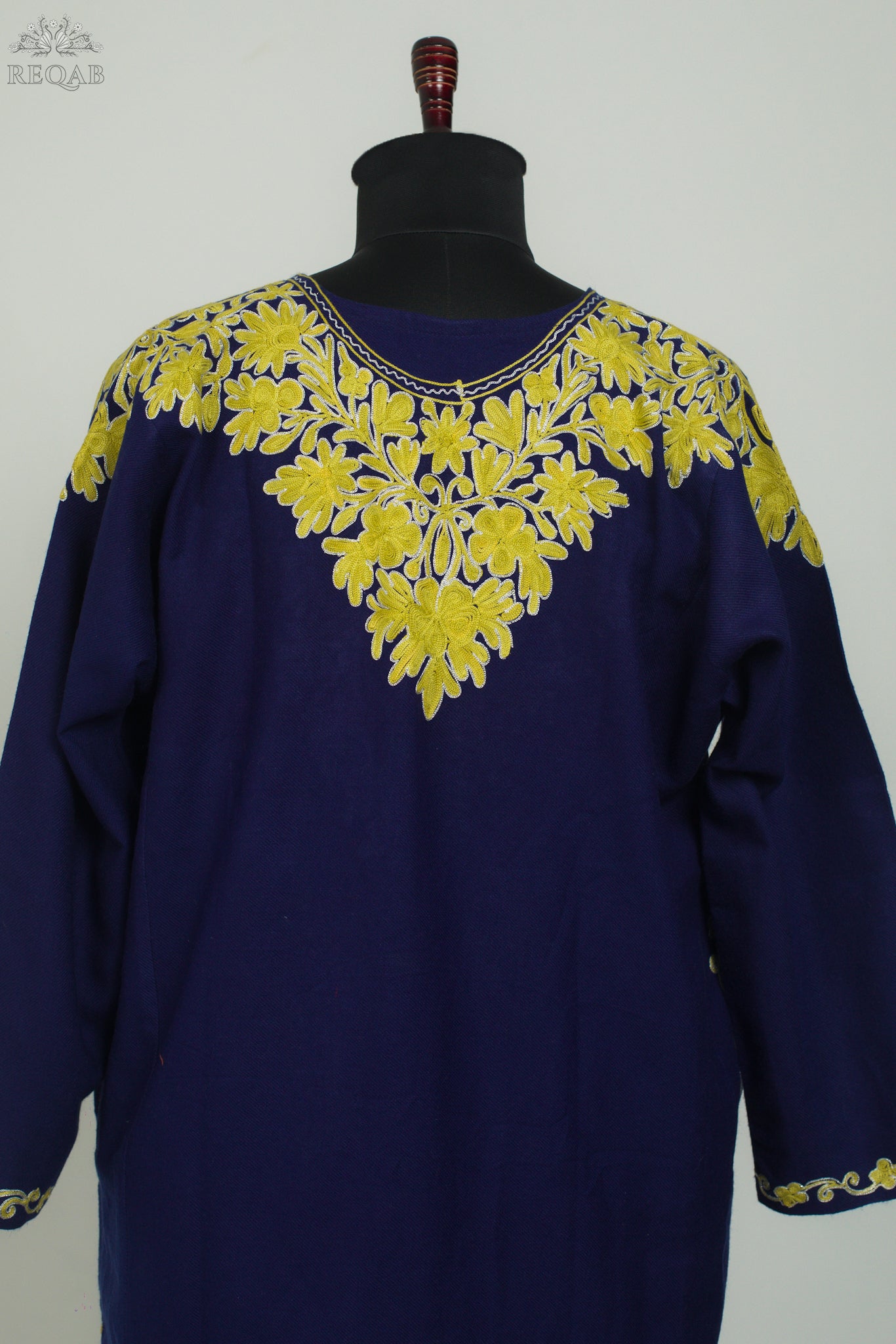 Midnight Express Blue Pheran with Aari Embroidery on Zari Border