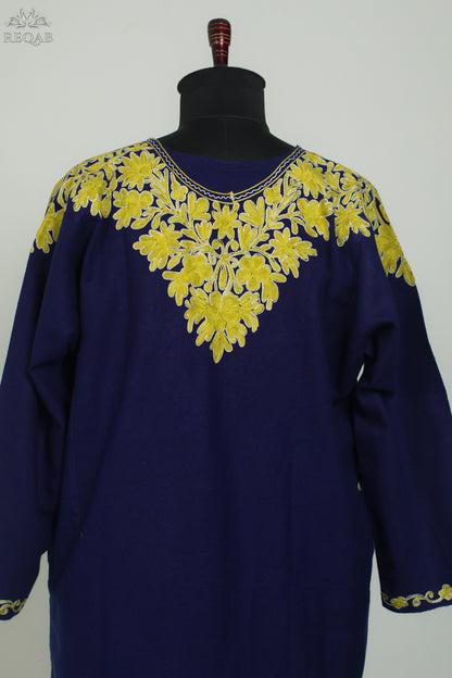 Midnight Express Blue Pheran with Aari Embroidery on Zari Border