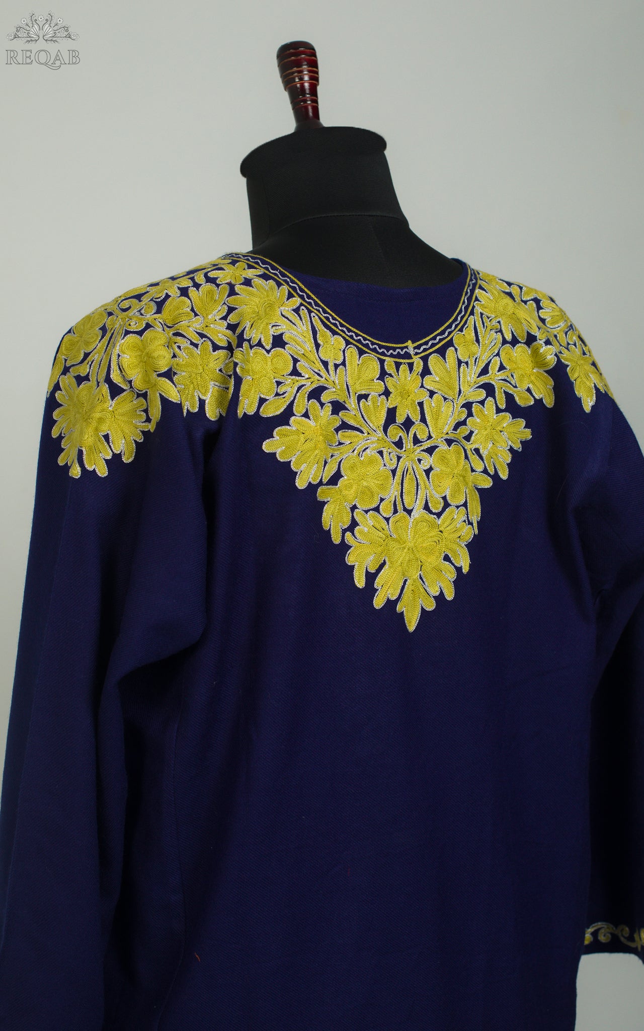 Midnight Express Blue Pheran with Aari Embroidery on Zari Border