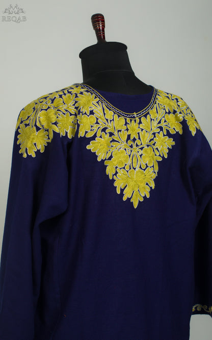 Midnight Express Blue Pheran with Aari Embroidery on Zari Border