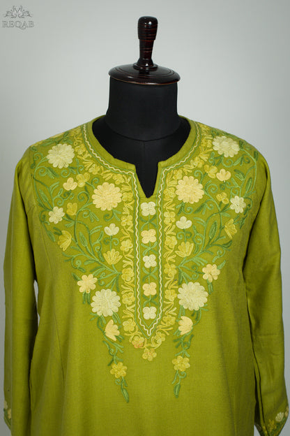 Husk Green Pheran with Aari Embroidery