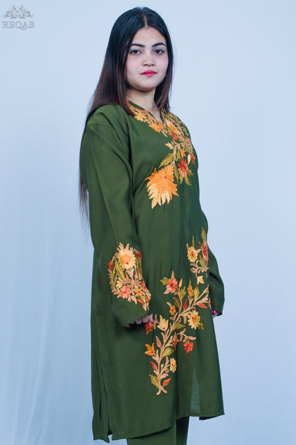 Thatch Green Three-Piece Suit with Aari Embroidery