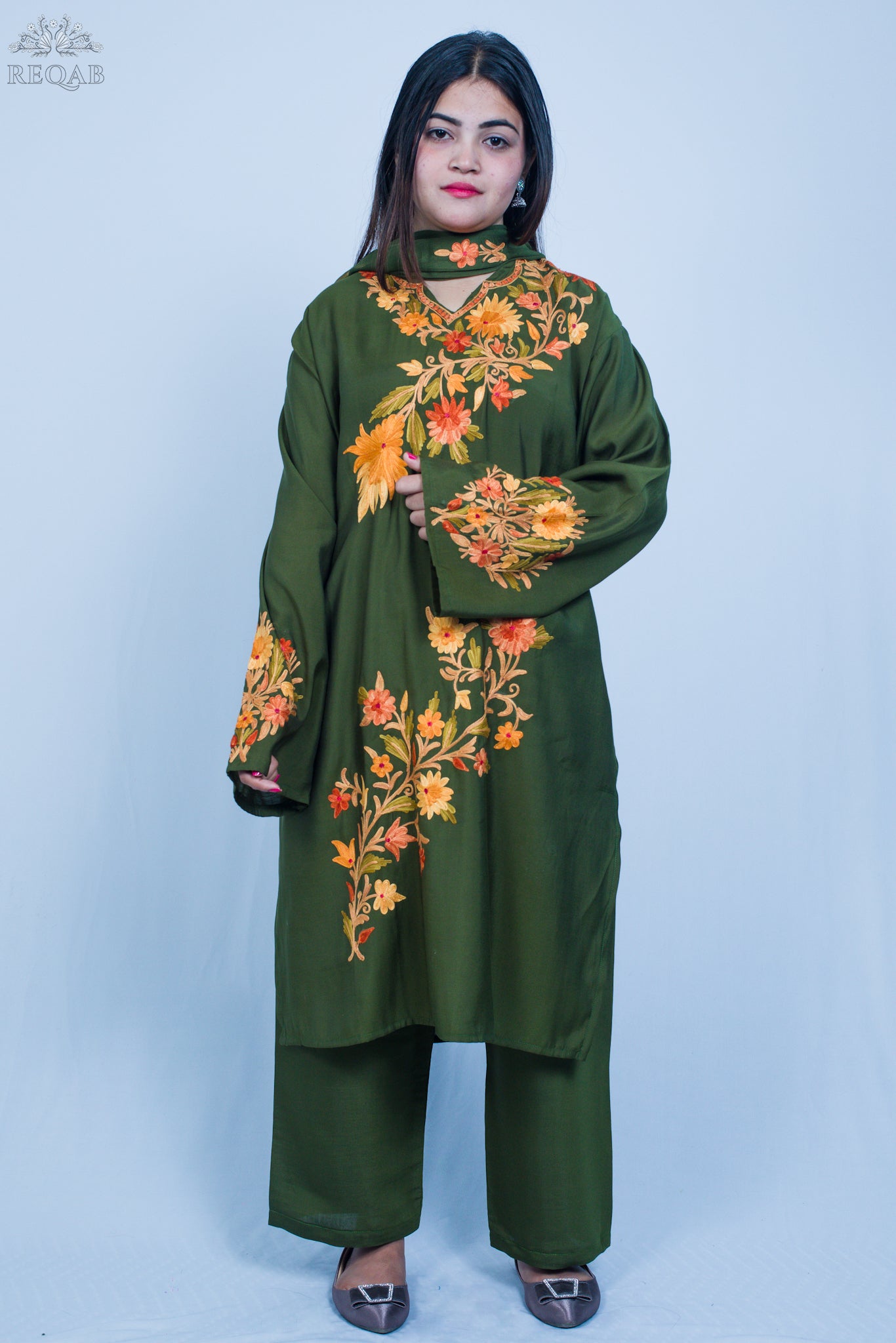 Thatch Green Three-Piece Suit with Aari Embroidery