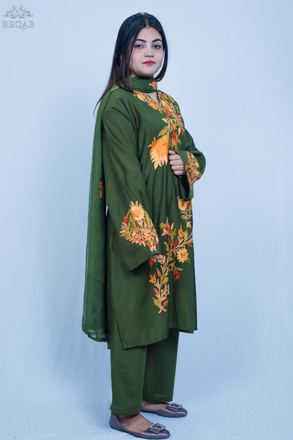 Thatch Green Three-Piece Suit with Aari Embroidery