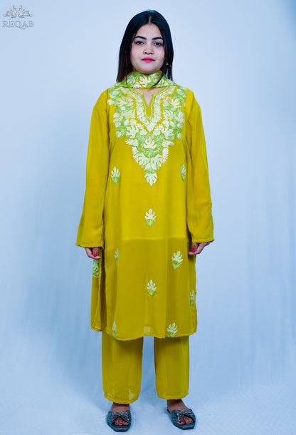 Metallic Gold Three-Piece Suit with Aari Embroidery