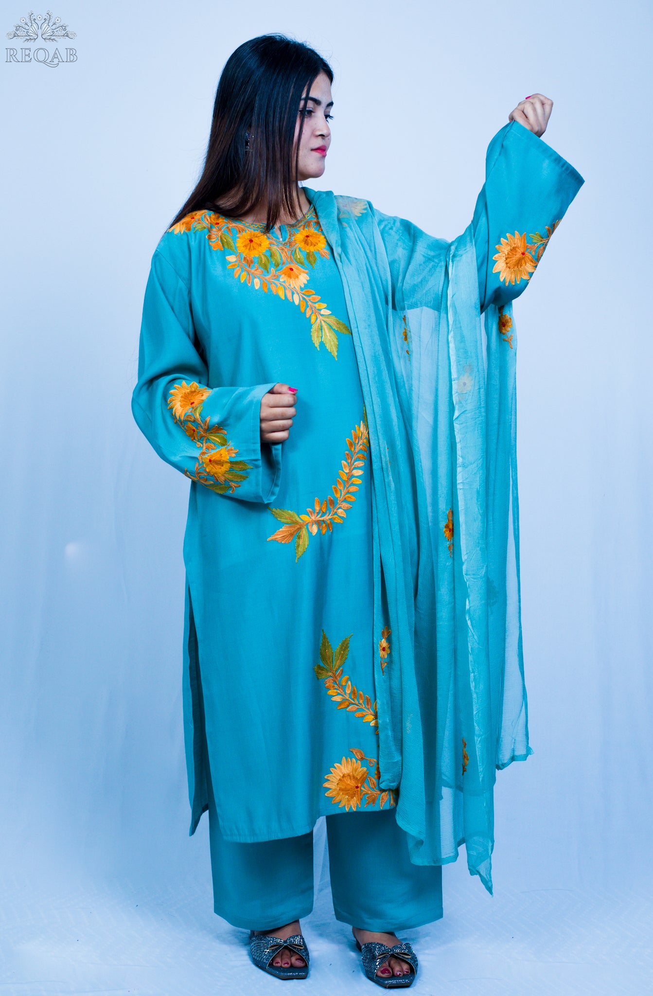 Sea Nymph Three-Piece Suit with Aari Embroidery