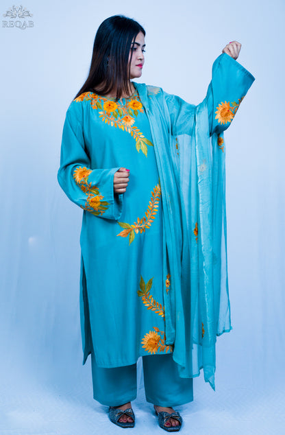 Sea Nymph Three-Piece Suit with Aari Embroidery