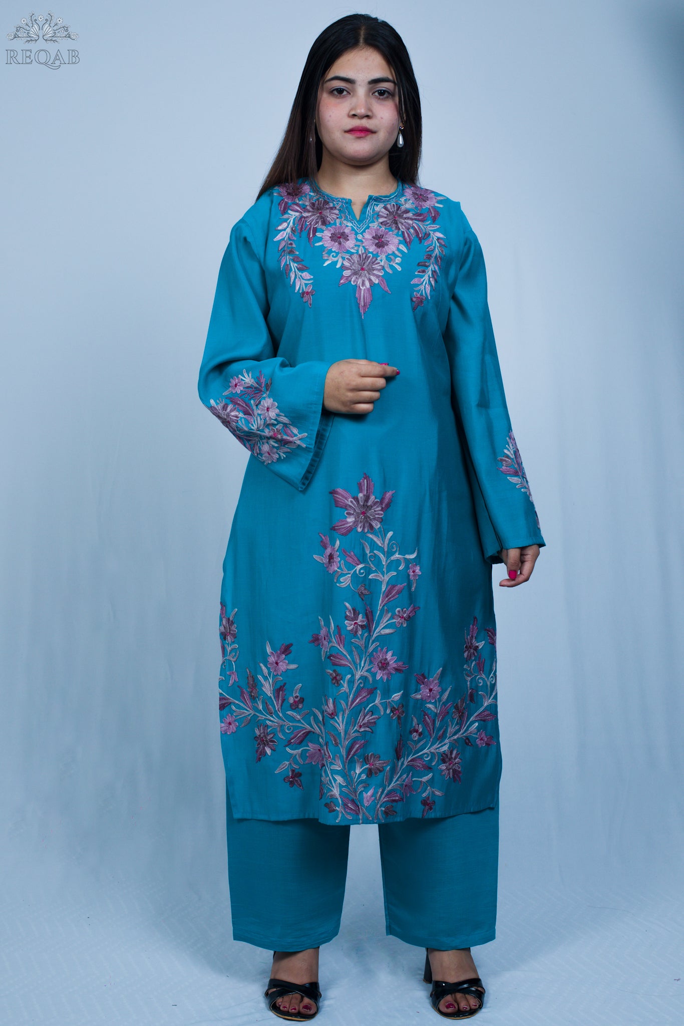 Iris Blue Two-Piece Suit with Aari Embroidery